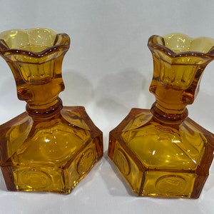 Fosteria Coin Glass Amber Candlesticks Holders, Fostoria Pressed Glass Candlestick Holders - Set of 2