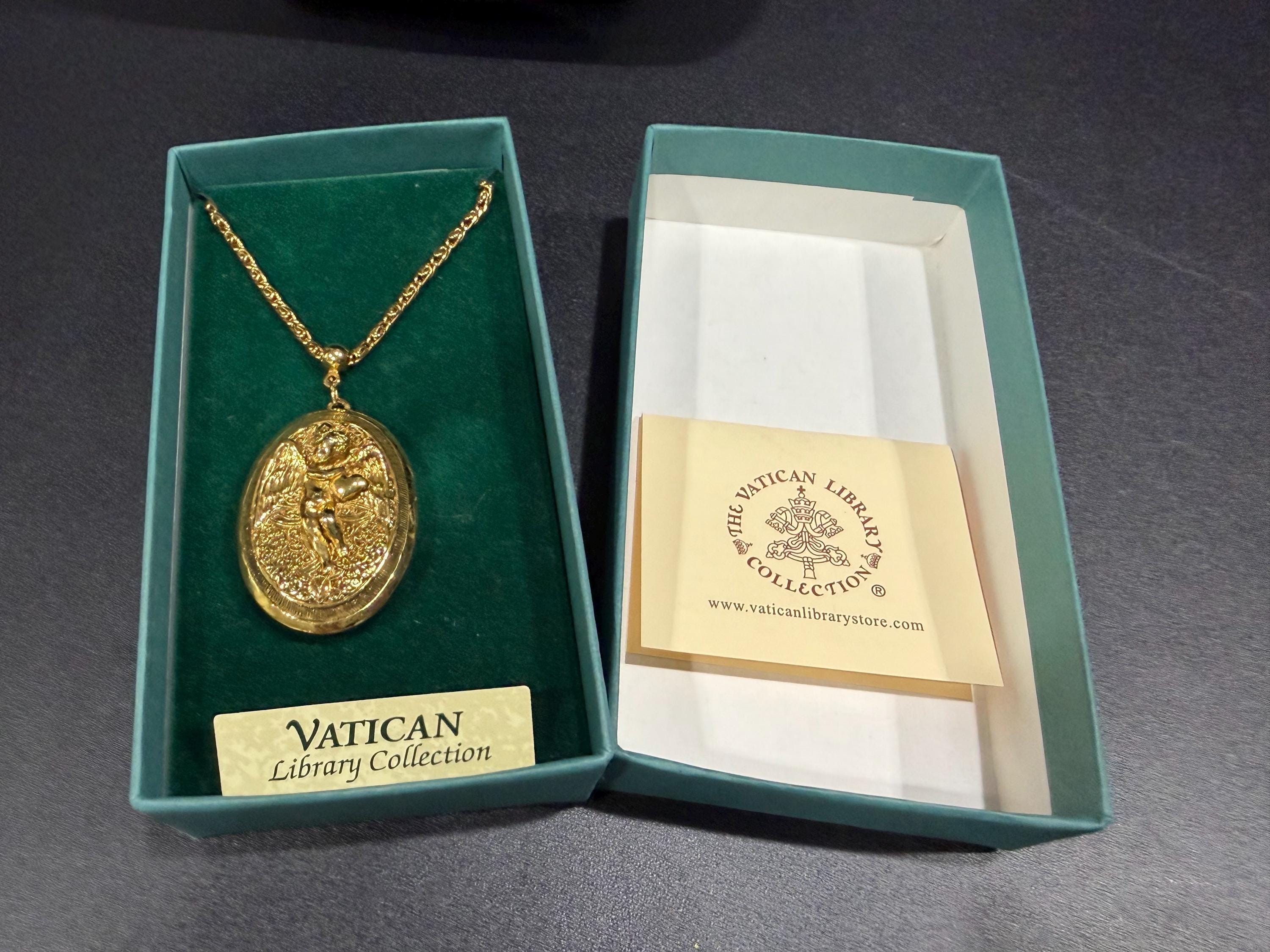 Vatican Library Jewelry, Embossed Cherub Locket, Gold Tone 30" Necklace, Religious Jewelry