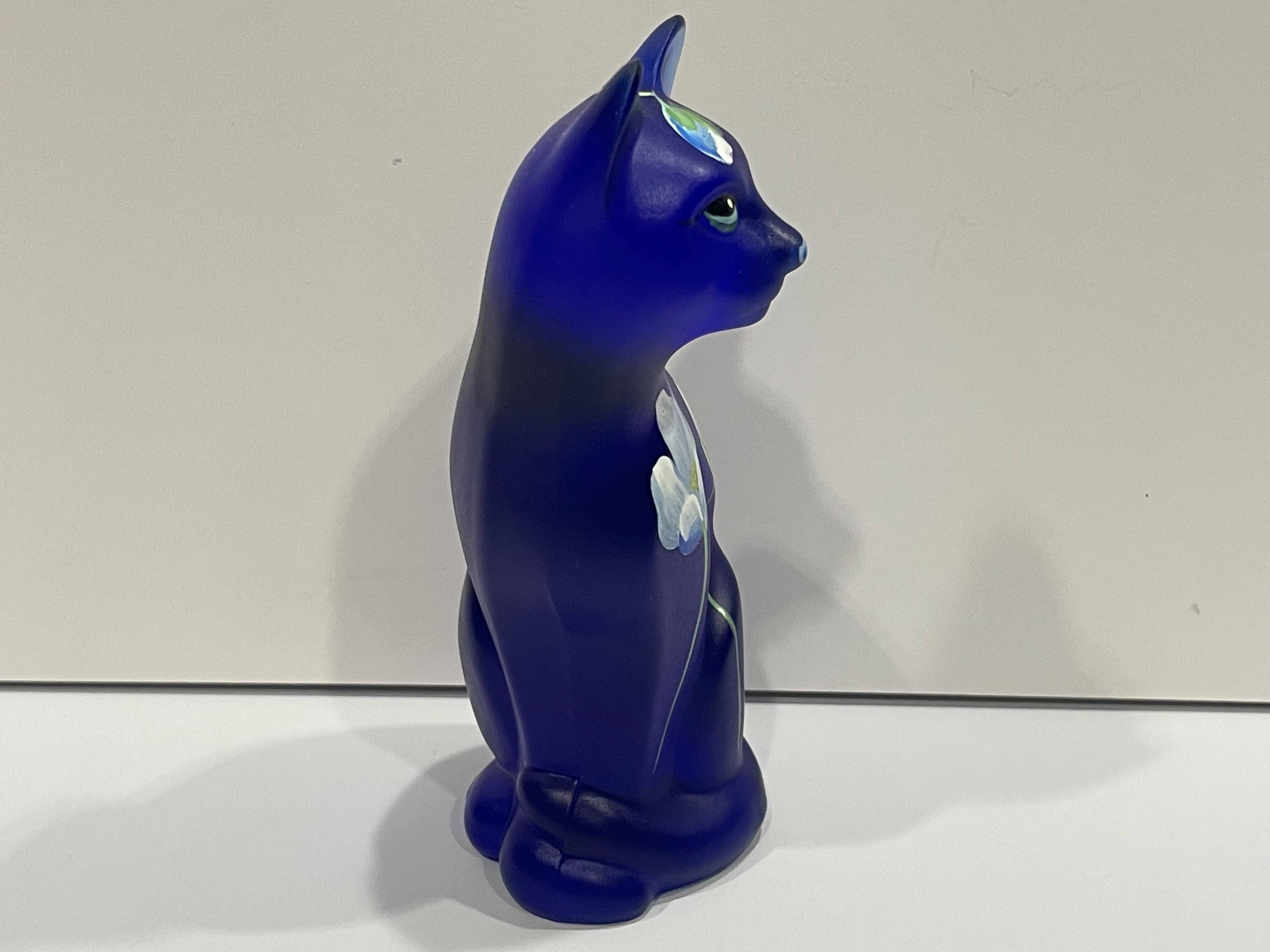 Fenton Cobalt Satin Glass Cat Figurine, Hand Painted Flowers - Etsy