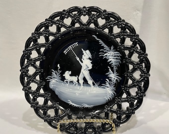 Westmoreland Black Glass Plate with Hand Painted Boy and Dog with Rake
