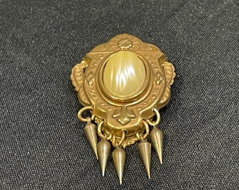 Jan Michaels San Fransico Brass Brooch with Cultured Pearl, Brass Ladies Pin, Art Deco Style Brooch