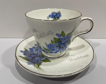Crown Trent Fine Bone China Teacup and Saucer, Forget Me Not Floral, 25th Anniversary