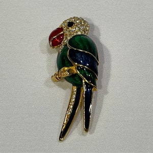 Rhinestone and Enamel Parrot Ladies Brooch, Bird Brooch, Parrot with Rhinestones