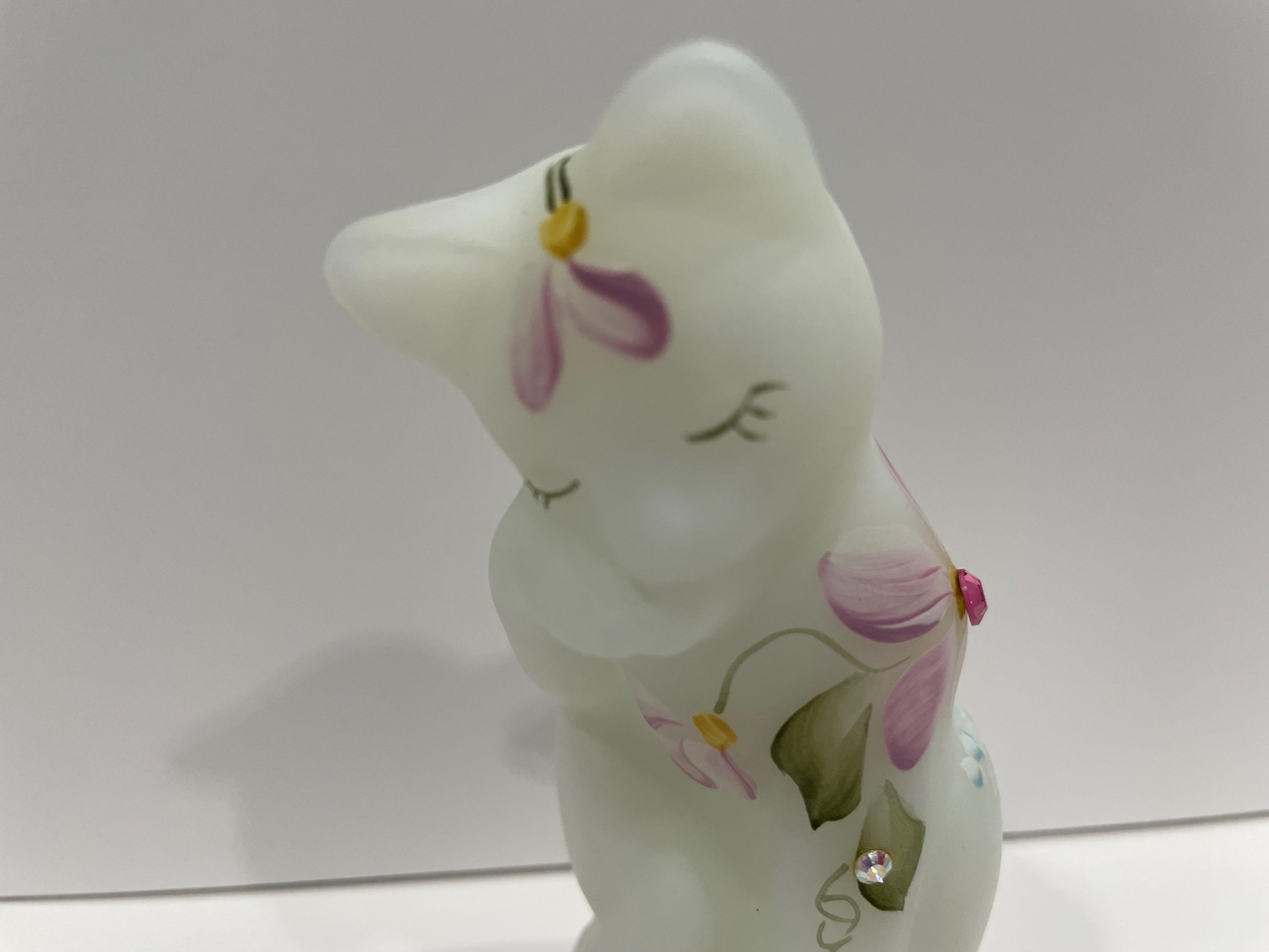 Fenton Satin Glass Cat Figurine, Hand Painted Pink Flowers