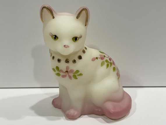 Vintage Fenton White Satin Cat Figurine, Hand Painted Flowers - Etsy