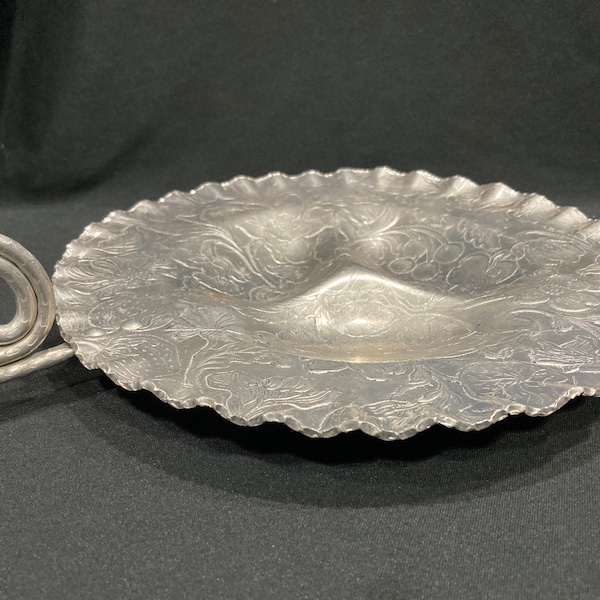 Hammered Aluminum, Sectioned, Serving Tray with curled handle, Crumpled edge, engraved flowers