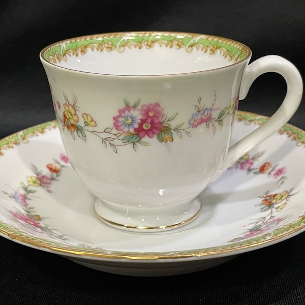 Cherry China, China Demitasse Cup and Saucer, Made in Occupied Japan, PInk Flowers and Green Tirm Mini/Smalll Cup and Saucer Trimmed in Gold