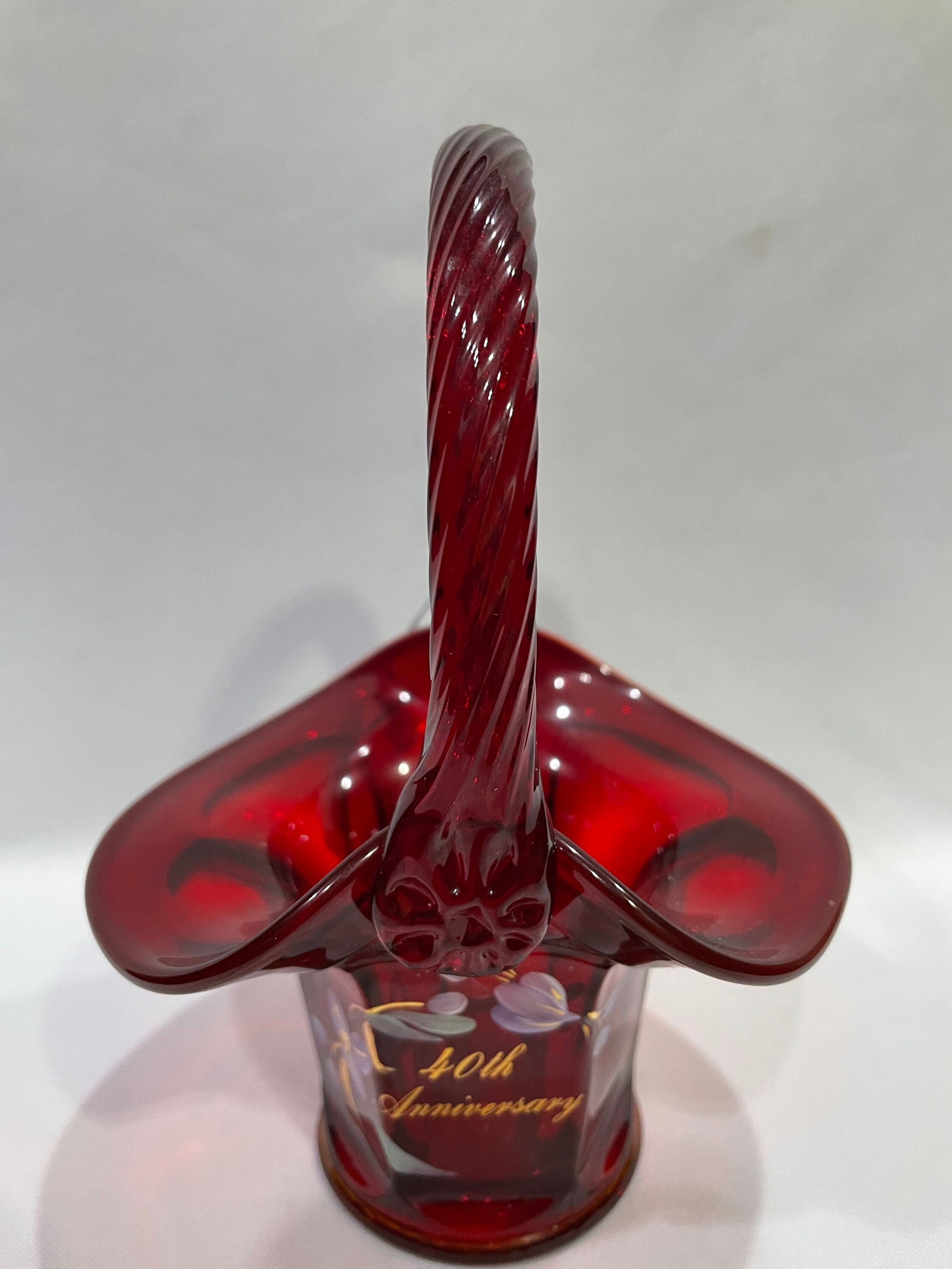 Fenton Art Glass Handblown Small Red Basket, 40th