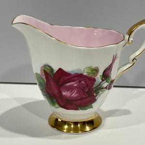 Royal Standard, Henry Wheatcraft Rose, Red Rose Gold Pedestal Creamerl, Pink Interior Creamer,  Prelude Rose