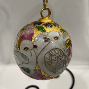 Cloisonné Enameled Christmas Ornament,  Cloisonne Enamel Ornament with Doves, Pink  and Green Enamel Cloisonne Ball Ornament with Dove