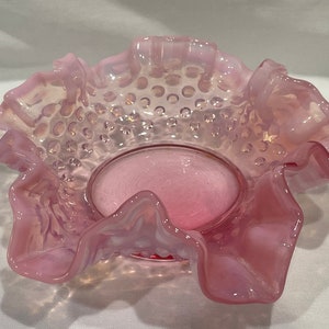 Fenton, Cranberry Opalescent Double Crimped Hobnail Bowl,  Ruffled Cranberry Fenton Bowl