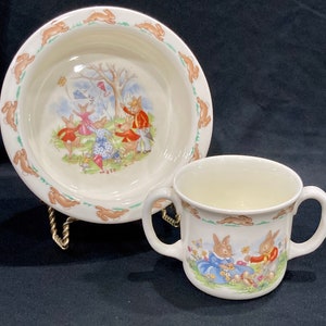 Royal Doulton, Bunnykins Bowl and Double Handled Cup, Flying Kites and Picking Flowers