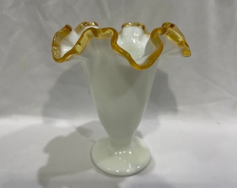 Fenton Art Glass, Fenton Amber Crest Vase with Amber Trimmed Ruffled Top Vase, Fenton Footed Vase