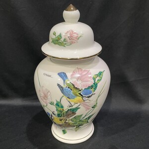 M. J. Pedger Japanese Ginger Jar, Covered Jar with Blue BIrds and Morning Glories