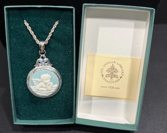Vatican Library Collection, Cherub Cameo, Light Blue Stones, Light Blue Cameo Medallion Pendant Necklace, 30" Silver Tone Necklace