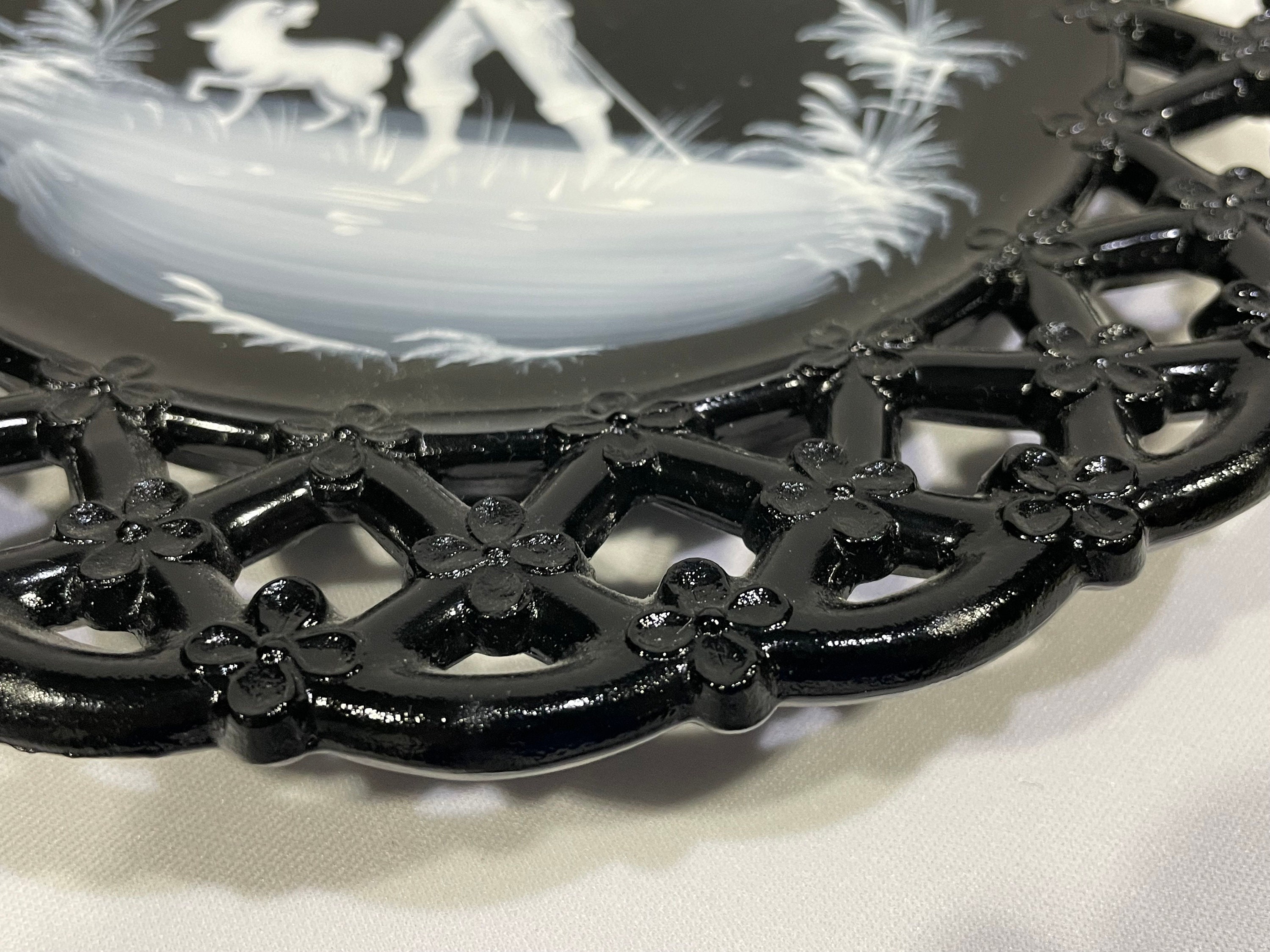 Westmoreland Black Glass Plate With Hand Painted Boy and Dog With