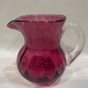 Hand Blown Cranberry Glass Miniature Pitcher/Creamer, Glass Creamer with Clear Ridged Attached Handle, MIni Pitcher