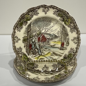 Johnson Bros China Platter, Friendly Village Bread and Butter Plates, Village Green, Red Barn Snow Scene - Set of 2