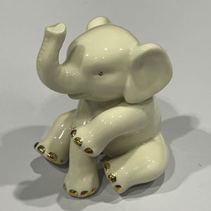 Lenox Porcelain Elephant Trimmed in Gold, Gold Trimmed Elephant with its Lucky Trunk Up