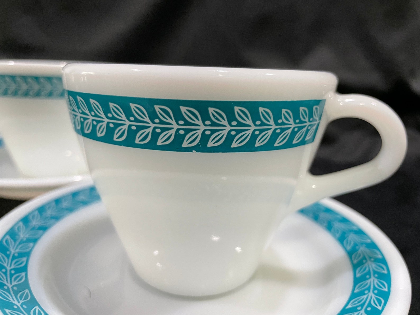 Pyrex, Teal Laurel, Resturantware, Milk Glass, Cup and Saucer - 2 Sets ...