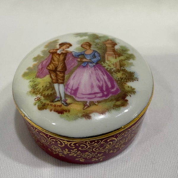 Limoges Meissner Trinket Box, Limoges Burgundy and Gold Trimmed Courting Couple Trinket Box, Round Burgundy and White Box with Gold Couple