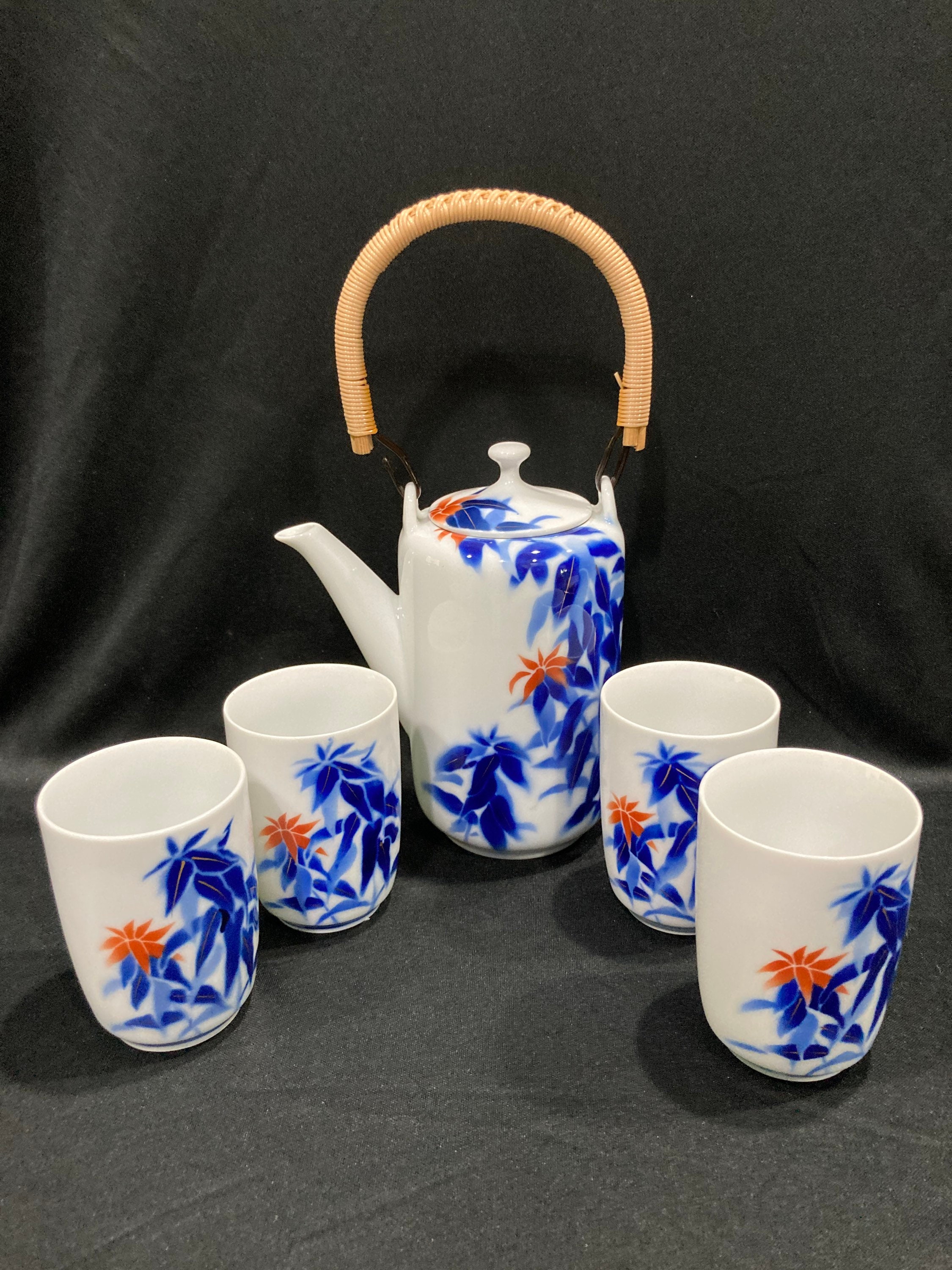 Oriental Teapot and Cups Blue Leaves With Orange Flowers Etsy