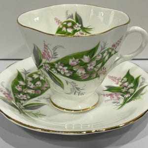 Windsor China, Pink Lily of the Valley Cup and Saucer, Bone China Cup and Saucer Made in England