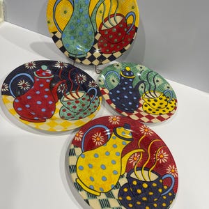 Porcelain Treasure Snack Plates, Multi Color Snack Plates with Colorful Coffee Pots and Cup and Saucer Sets
