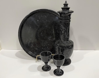 Black Marble Decanter, 2 Cordial Glasses and Undertray