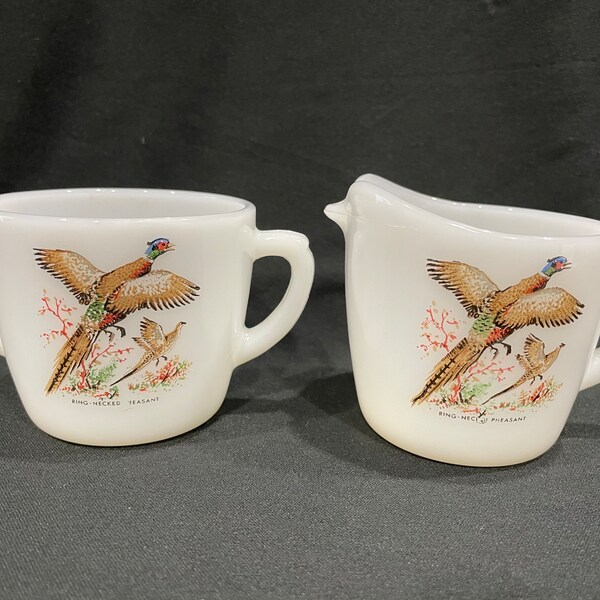 Fire King, Ring Necked Pheasant Game Bird Sugar and Creamer, Milk Glass Creamer and Sugar Bowl