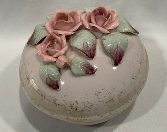 1950's trinket dish light yellow roses round shaped Rose topped trinket dish footed trinket dish