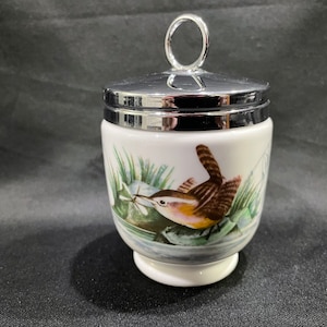 Royal Worchester King Sized Birds on White Egg Coddler, Coddler with Wren metal lid