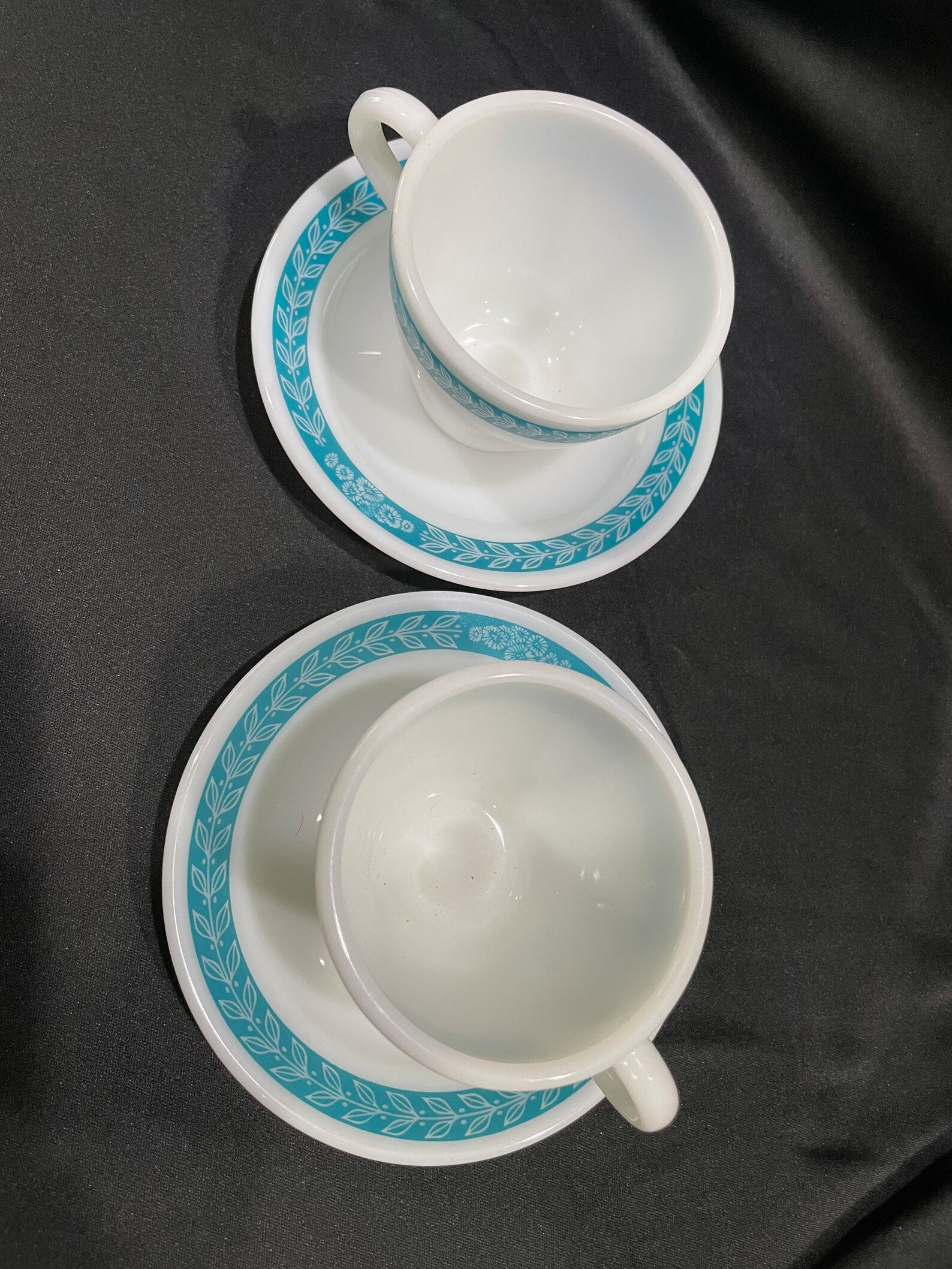 Pyrex, Teal Laurel, Resturantware, Milk Glass, Cup and Saucer - 2 Sets ...