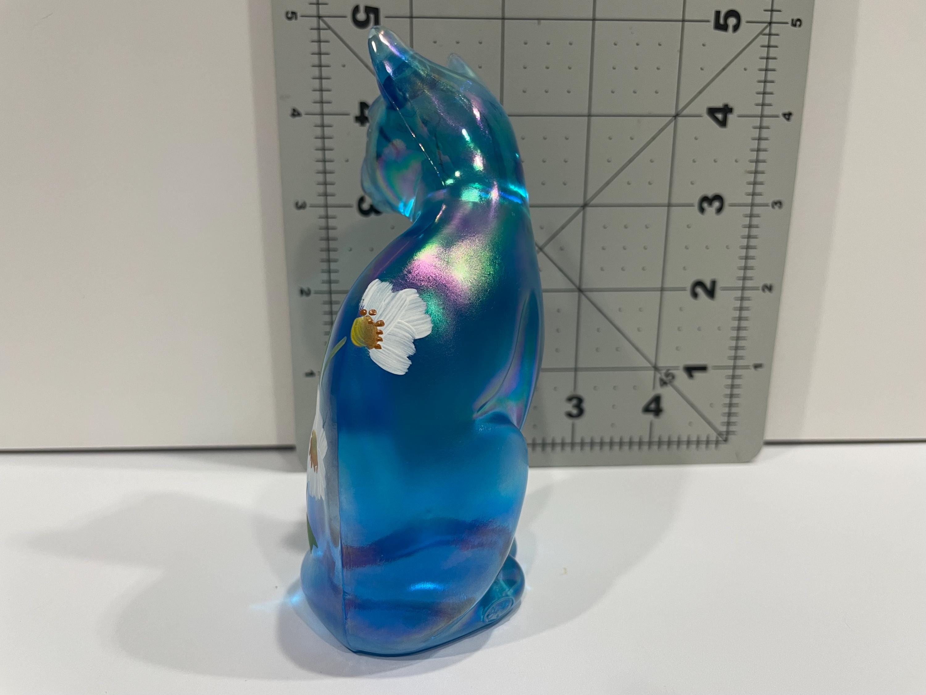 Fenton Carnival Glass Cat Figurine, Stylized Blue With Flowers - Etsy
