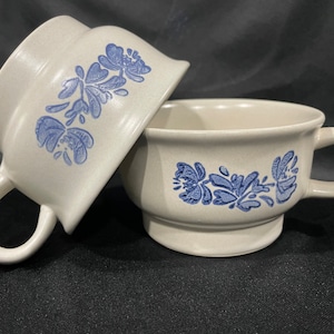 Pfaltzgraff "Yorktown" Flat Coffee Cups, White Gray Ironstone with Blue Flowers - Set of 2