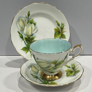 Royal Standard, Henry Wheatcraft Rose, White Rose Teacup, Saucer and Cake Plate Set, Teal Teacup Interior, Prelude Rose Trio