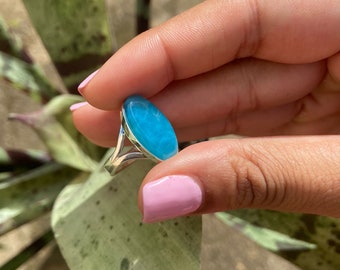 Larimar Ring in 925 sterling Silver. at Larimar AAA. Crystallized Deep Sea Blue..size 7 1/2