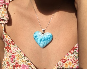 Heart larimar pendant in 925 sterling silver, turtleback, larimar necklace