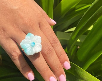 White Larimar Flower Ring Hand Carved with Blue Larimar inlay in the Center of the flower. size 7 to 8 Expandable