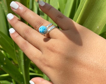 Deep Blue Ring Water droplets. in Larimar AAA Mounted in Sterling Silver 925. Adaptable Ring Body Size from 7 to 8 1/2