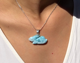 Original AAA Larimar Lucky Rabbit Pendant in 925 Sterling Silver