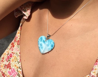 Heart larimar pendant in 925 sterling silver, handmade, larimar jewelry..Corazon Azul Cielo Claro..Larimar Original AAA