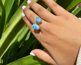 Princess Ring Double Stones .en Larimar AAA, Drops of Waters, in Sterling Silver 925 Adaptable Ring Body Size from 7 to 8