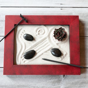 8 x 10 Zen Garden-Red and Black-Includes Sand, River Rocks, Sola Wood Succulent and Raking Tools-Modern Office Decor-Stress Relieving Gifts image 1