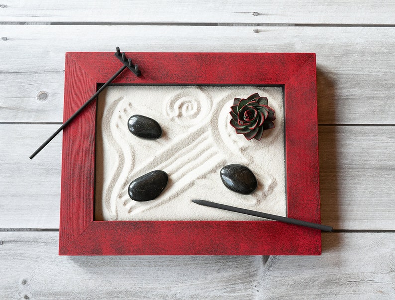 8 x 10 Zen Garden-Red and Black-Includes Sand, River Rocks, Sola Wood Succulent and Raking Tools-Modern Office Decor-Stress Relieving Gifts image 1