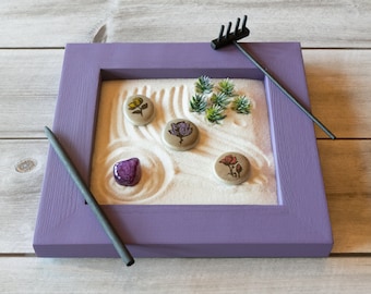 8 x 8” Mauve Floral Zen Garden-Includes Sand, Floral Rocks, Purple Stone, Tiny Artificial Succulents and Raking Tools-Special Gifts