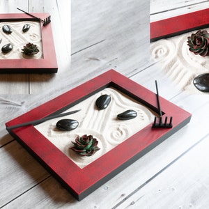 8 x 10 Zen Garden-Red and Black-Includes Sand, River Rocks, Sola Wood Succulent and Raking Tools-Modern Office Decor-Stress Relieving Gifts image 3