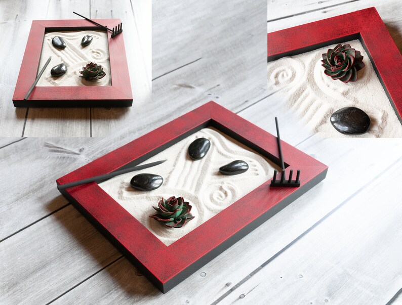 8 x 10 Zen Garden-Red and Black-Includes Sand, River Rocks, Sola Wood Succulent and Raking Tools-Modern Office Decor-Stress Relieving Gifts image 3