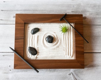8 x 10" Zen Garden with Walnut Veneer-Includes Sand, River Rocks, Artificial Ionantha Plant and Raking Tools/Stress Relief-OPTIONS