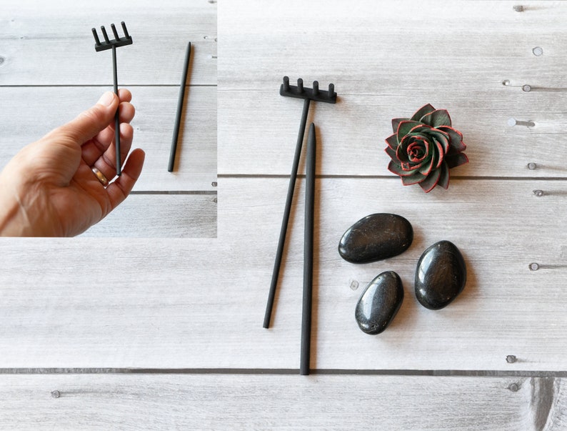 8 x 10 Zen Garden-Red and Black-Includes Sand, River Rocks, Sola Wood Succulent and Raking Tools-Modern Office Decor-Stress Relieving Gifts image 2